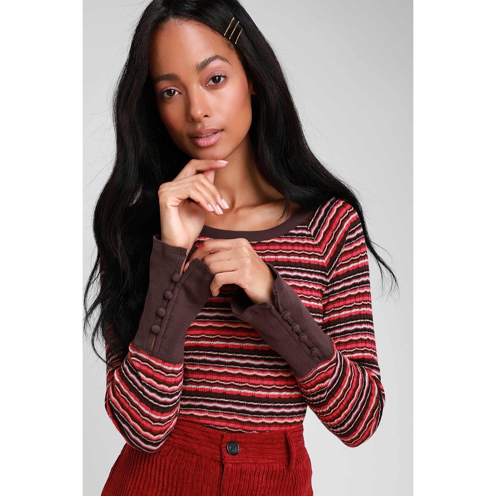 Free People Donna Striped Ribbed Bell Sleeve Button Cuff Top‎ Red Brown Small